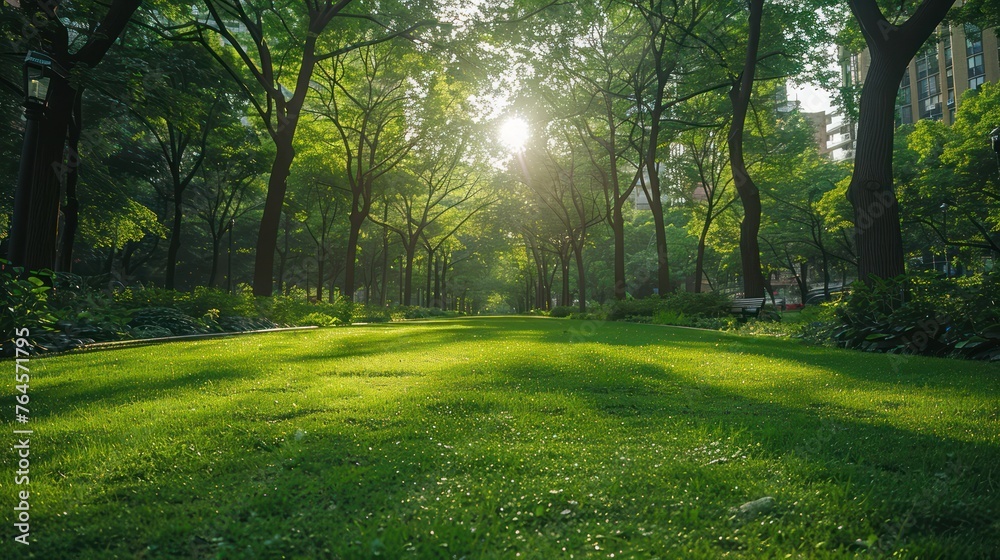 Beautiful landscape of a city park, with beautiful grass, trees and sun Beautiful landscape of a city park, with beautiful grass, trees and sun