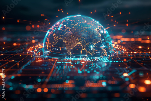 Wallpaper image of a digital world globe centered on India, concept art of technology, data transfer and connectivity 
