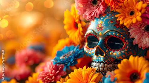 ask day of the dead, sugar skulls, colorful, flowers, top angle, right copy space.