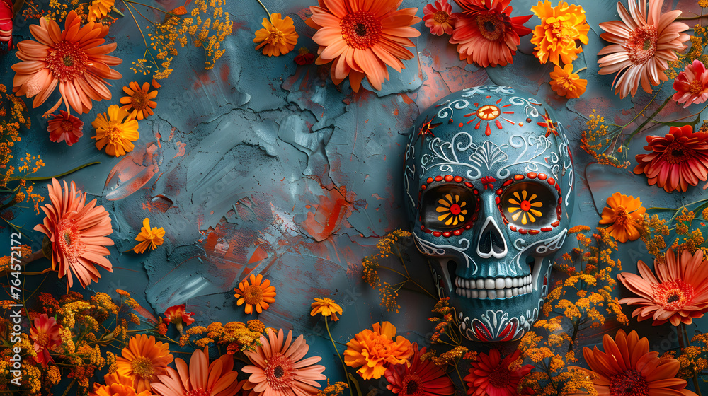 ask day of the dead, sugar skulls, colorful, flowers, top angle, right copy space. ask day of the dead, sugar skulls, colorful, flowers, top angle, right copy space.