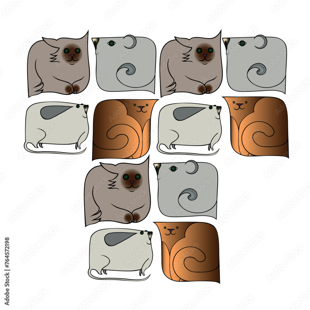 Funny animals. Composition of cats and mice. Flat design vector illustration. Funny animals. Composition of cats and mice. Flat design vector illustration.