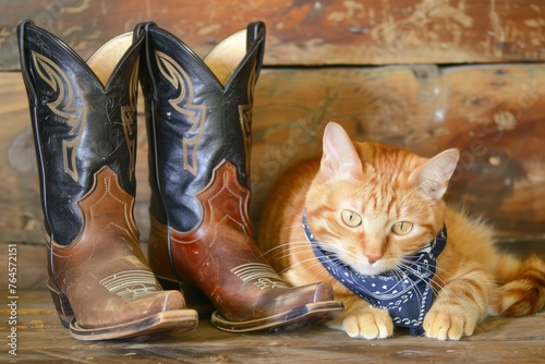 orange cat with a bandana by a pair of cowboy boots