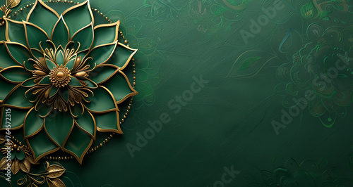 Greenish Golden Mandalas with minimalistic Indian designs on a plain banner with space for copy