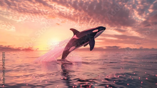 Generative AI : A magnificent killer whale jumped above the surface of the water in the sunset 