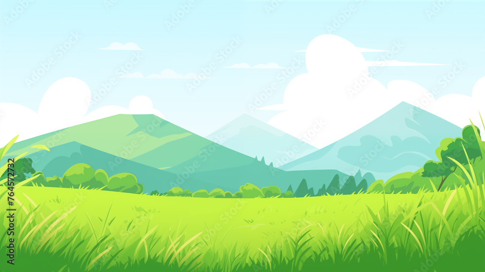Fototapeta premium Hand drawn cartoon summer meadows and mountains illustration 