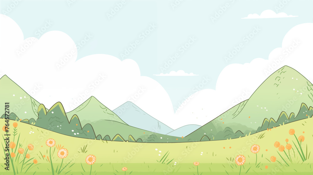 Fototapeta premium Hand drawn cartoon summer meadows and mountains illustration 