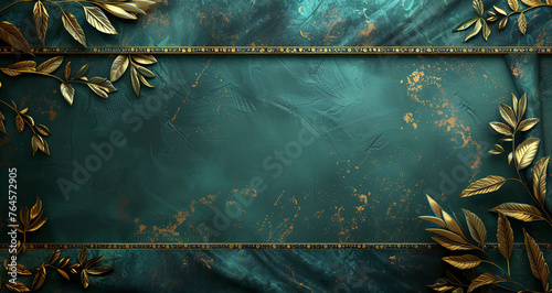 wallpaper design of a golden luxury frame on a greenish golden banner with space for copy