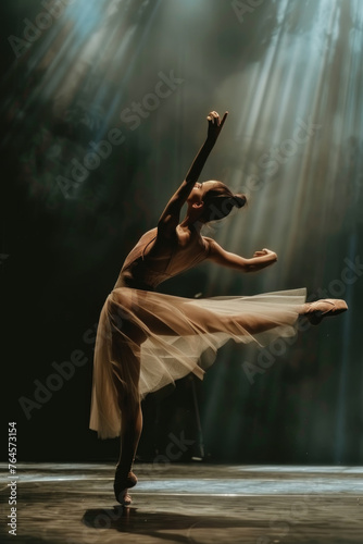 A ballerina gracefully executing a ballet move on stage, showcasing her flexibility and skill in the art of dance