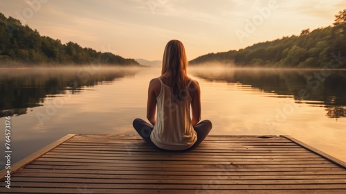 Young woman outdoors on the pier in calm morning meditation by the lake. © Media Srock