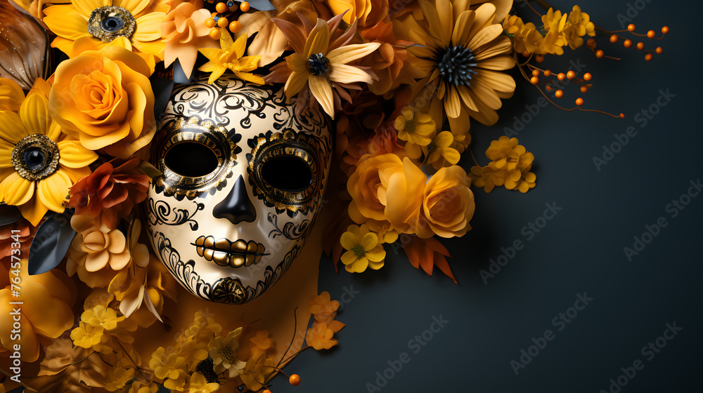 Mask day of the dead, woman sugar skulls, colorful, flowers, top angle, right copy space.