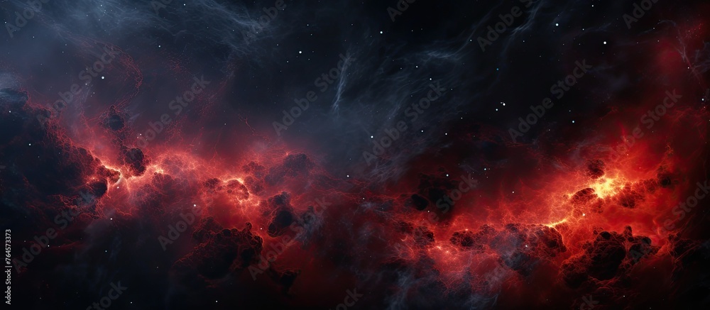 An illustration of a crimson colored nebula with twinkling stars set against a black cosmic background