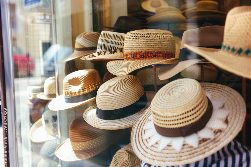 handsome array of sun hats near a bright boutique window