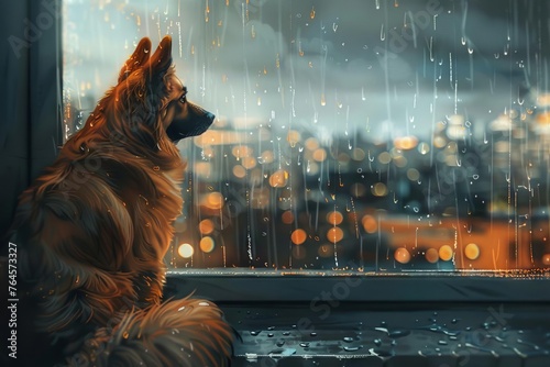 A heartwarming, realistic digital painting of a loyal dog waiting patiently by a window, gazing at a rainy cityscape photo
