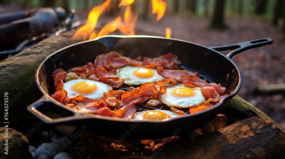 Camping breakfast with bacon and eggs in a cast iron skillet Camping breakfast with bacon and eggs in a cast iron skillet