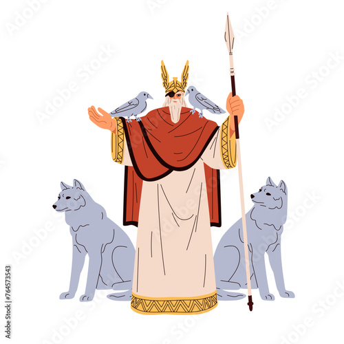 Odin, Germanic god. Deity of old Nordic mythology, ancient Scandinavian legend. Lord of Norse folklore, myth. Pagan character with wolves. Flat graphic vector illustration isolated on white background