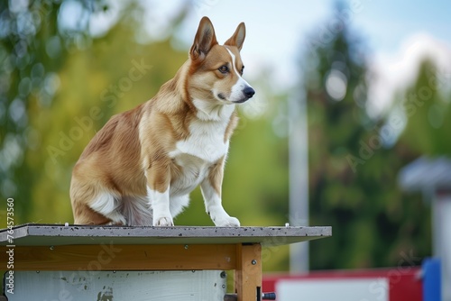 dog performing sitstay on agility podium photo