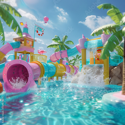 The summer party. aqua park full of colors, slides for children and family pleasure