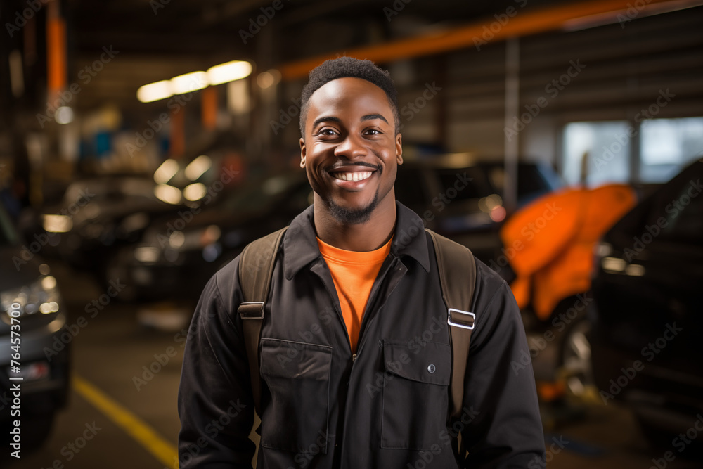 Smiling mechanic black man. Automotive professions. Job offer. Job Search. Machine repair professions. Black man. Africa. Afro american.  AI. - obrazy, fototapety, plakaty 