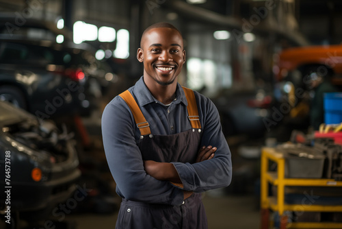 Smiling mechanic black man. Automotive professions. Job offer. Job Search. Machine repair professions. Black man. Africa. Afro american.  AI. © My Beautiful Picture