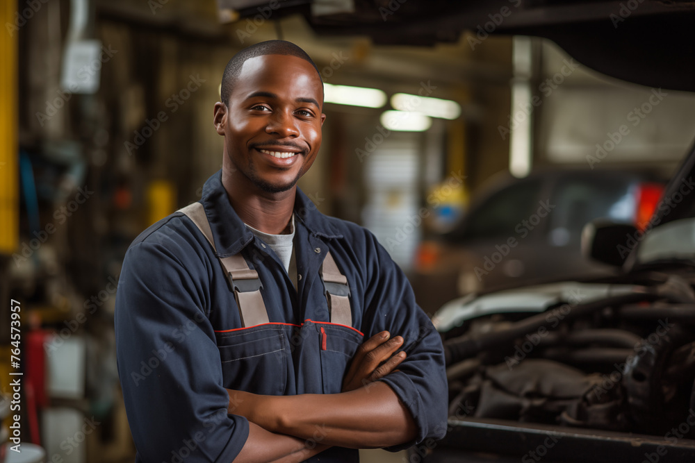Smiling mechanic black man. Automotive professions. Job offer. Job Search. Machine repair professions. Black man. Africa. Afro american. AI. Smiling mechanic black man. Automotive professions. Job offer. Job Search. Machine repair professions. Black man. Africa. Afro american. AI.