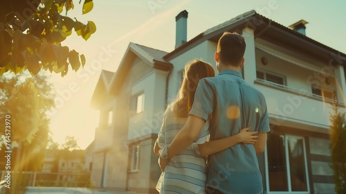 Generative AI : Young loving couple looking at new home. Mortgage. photo