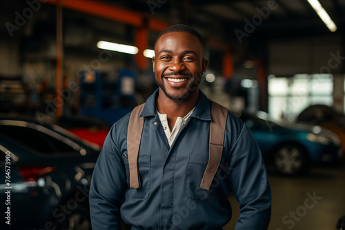 Smiling mechanic black man. Automotive professions. Job offer. Job Search. Machine repair professions. Black man. Africa. Afro american.  AI.