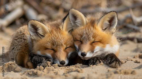 Two young red foxes snuggle together on a sandy beach. wild baby red foxes in green grass, Generative Ai © shehzad