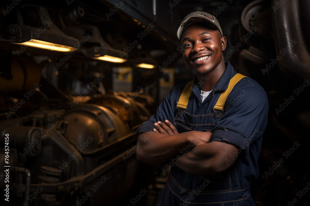 Smiling mechanic black man. Automotive professions. Job offer. Job Search. Machine repair professions. Black man. Africa. Afro american. AI. Smiling mechanic black man. Automotive professions. Job offer. Job Search. Machine repair professions. Black man. Africa. Afro american. AI.