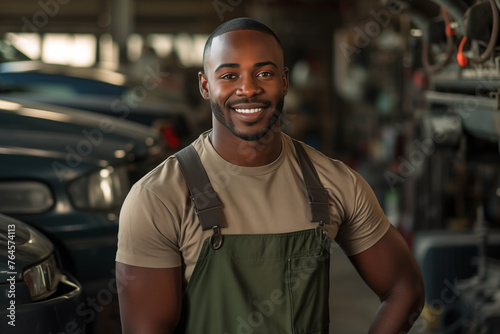 Smiling mechanic black man. Automotive professions. Job offer. Job Search. Machine repair professions. Black man. Africa. Afro american. AI.