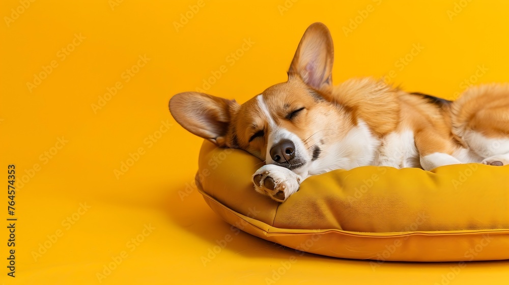 Generative AI : Adorable cute Welsh Corgi Pembroke sleeping and relaxing in dog bed on yellow studio background. 