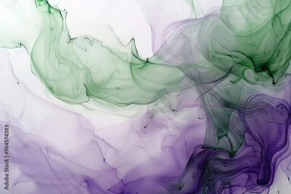 Abstract Alcohol Ink Art Purple, Green, and White Swirls, Fluid Background