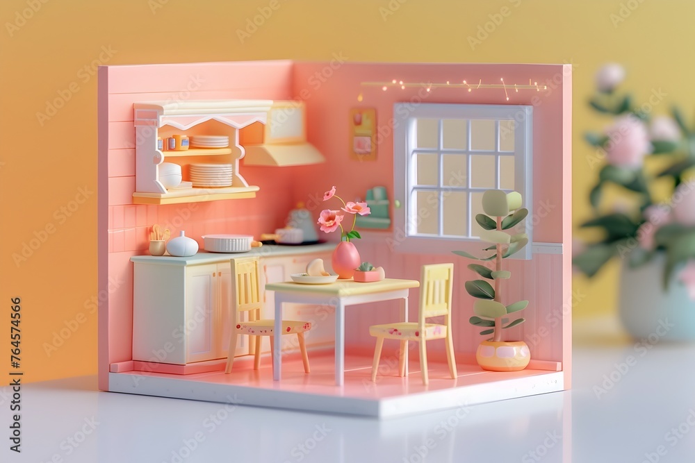 Fototapeta premium Charming Miniature Kitchen Interior with Pastel Decor and Handcrafted Furniture in a Cozy Dollhouse-like Setting