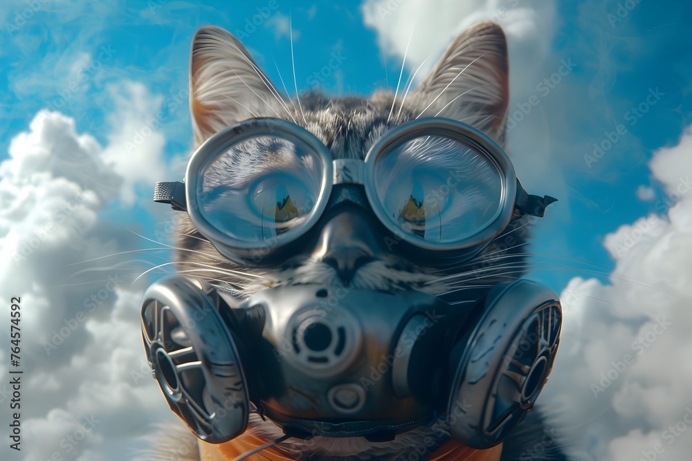 Vigilant Feline in Protective Gear Amid Cloudy Skies - A Cat Wearing a Gas Mask for Safety and Survival in Uncertain Times Vigilant Feline in Protective Gear Amid Cloudy Skies - A Cat Wearing a Gas Mask for Safety and Survival in Uncertain Times