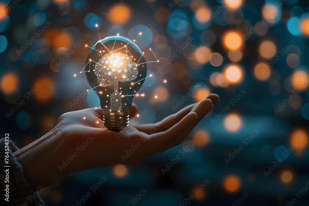 Glowing Light Bulb Symbolizing Innovative Potential and Bright Ideas in the Palm of a Hand - obrazy, fototapety, plakaty 