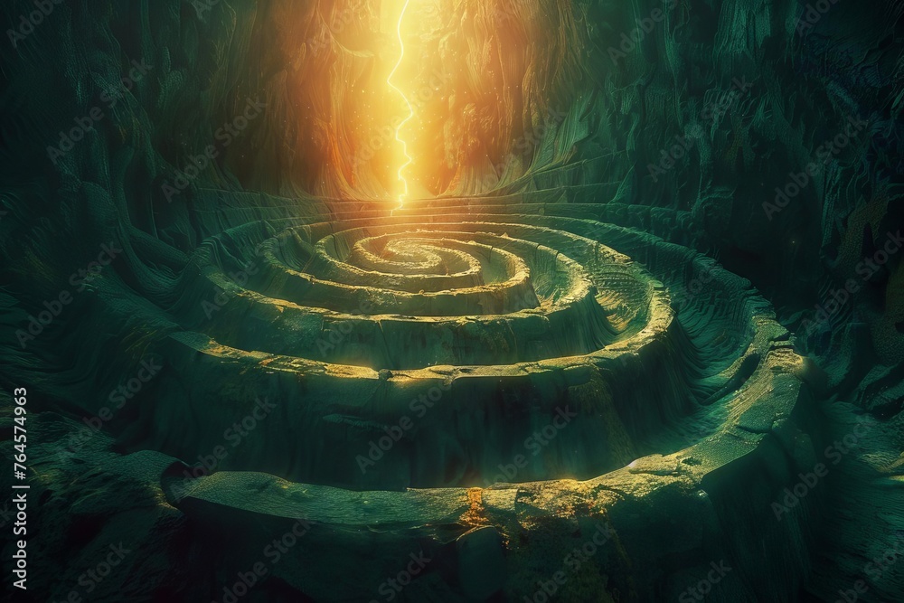An enigmatic, surreal depiction of a divine labyrinth, with a radiant ...