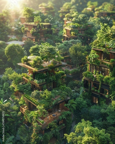 Among lush greenery, a sustainable village thrives, with inhabitants tending to lush gardens and communal spaces The camera peers through a sunlit canopy