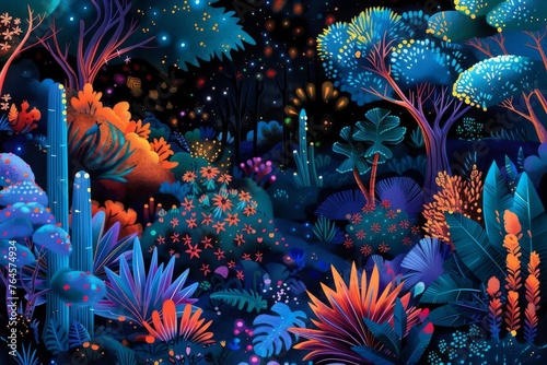 An enchanting, surreal illustration of a divine, otherworldly garden, filled with luminescent, celestial flora and fauna