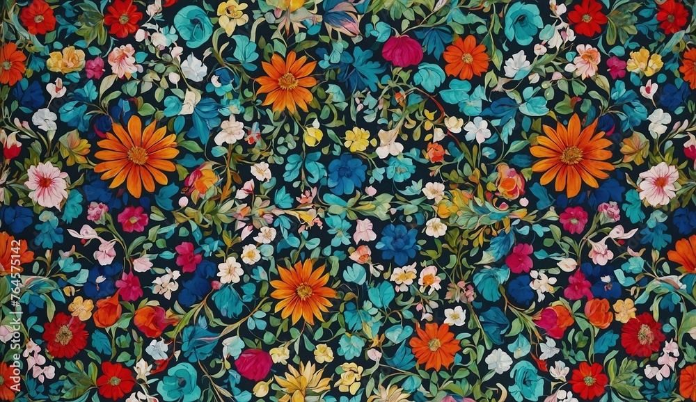 on a black background a pattern of small blue red pink white orange flowers