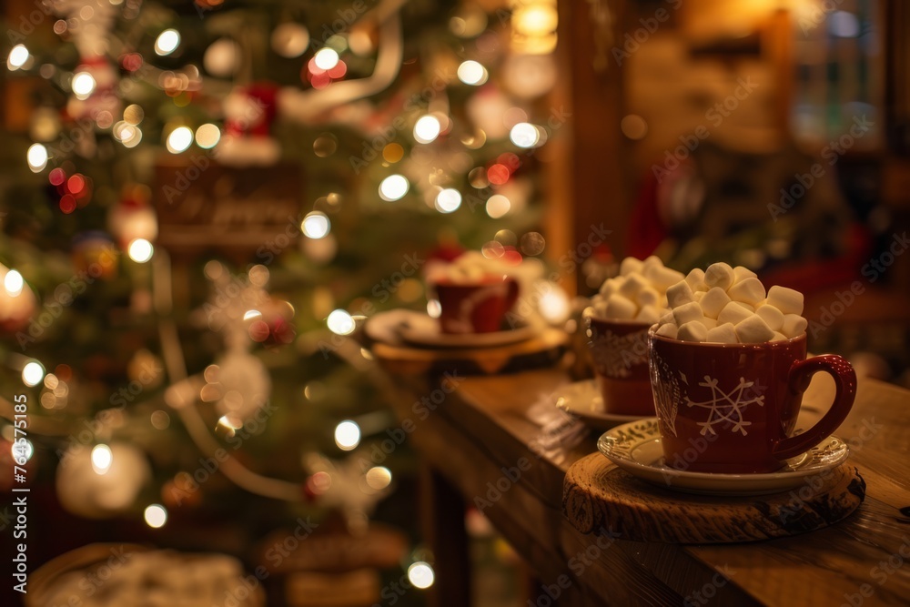A cozy winter cafe adorned with twinkling holiday lights, festive decorations, and steaming mugs of hot cocoa topped with marshmallows, Generative AI