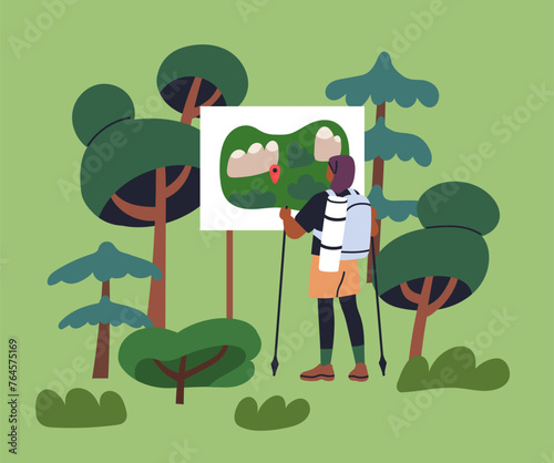 Forest park adventure, trail. Person at parkland trekking map with climbing path, track, trace. Active character, hiker hiking with walking poles outdoors in nature in summer. Flat vector illustration