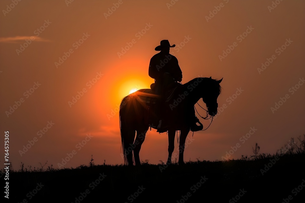 Modern Technology Visible on Silhouetted Lone Rider on Horseback Against Setting Sun. Concept Technology, Silhouette, Lone Rider, Horseback, Setting Sun