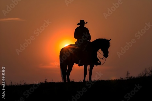 Modern Technology Visible on Silhouetted Lone Rider on Horseback Against Setting Sun. Concept Technology, Silhouette, Lone Rider, Horseback, Setting Sun © Anastasiia