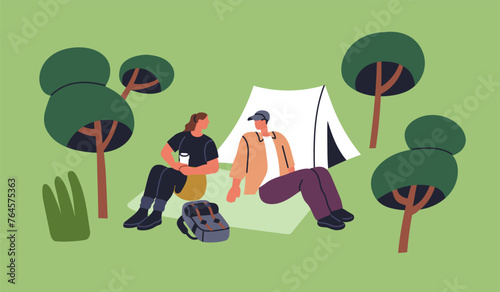 Couple relaxing at tent in nature. Man and woman campers resting in outdoor adventure, summer holiday, vacation camp. Young tourists backpackers sitting on grass in forest. Flat vector illustration