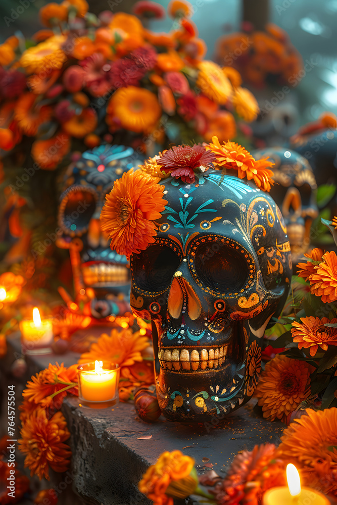Fototapeta premium Sugar skulls on a Day of the Dead alter.