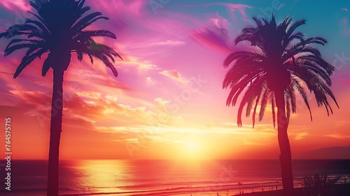 Generative AI : Summer sunset beach. Palm tree silhouette. Design of social media,  © The Little Hut