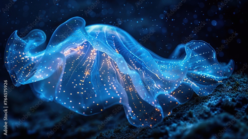 Exploring the depths of the ocean, bioluminescent organisms are harvested for their unique energy properties A photography shot from a low angle  - obrazy, fototapety, plakaty 