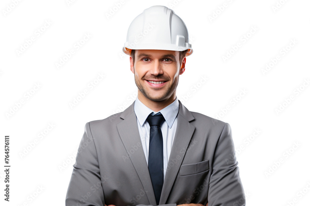 Portrait of a smiling engineer worker in suit and wearing helmet, isolated on transparent background
