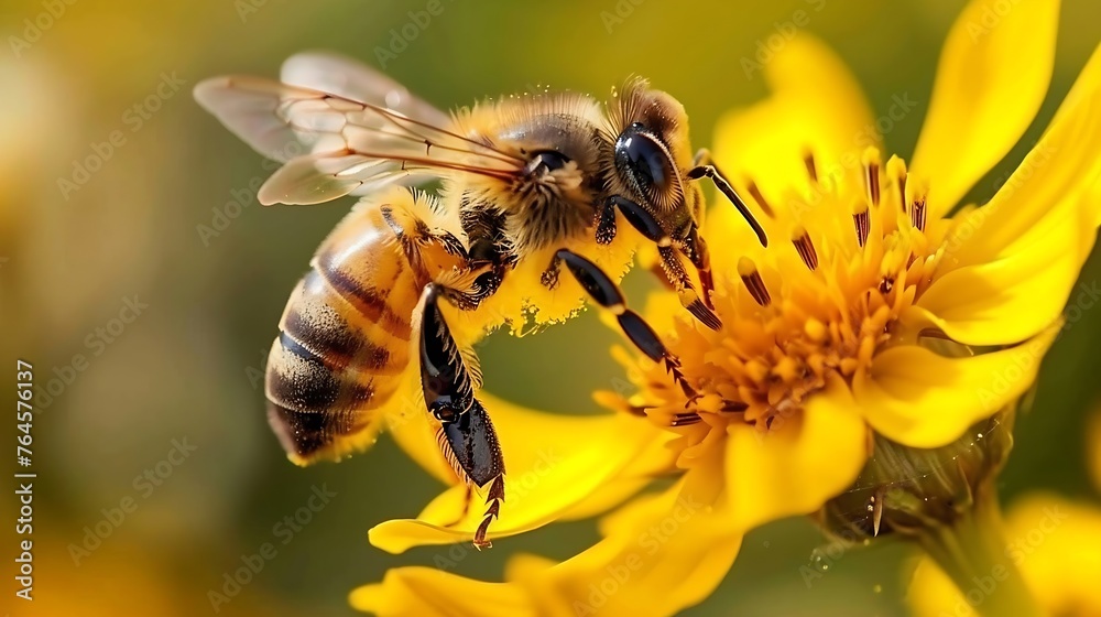 Generative AI : Flying honey bee collecting pollen at yellow flower.Bee flying over the yellow flower Generative AI : Flying honey bee collecting pollen at yellow flower.Bee flying over the yellow flower