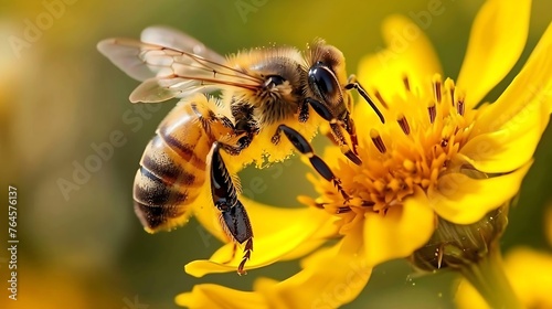 Generative AI : Flying honey bee collecting pollen at yellow flower.Bee flying over the yellow flower