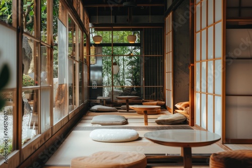 A Japanese-style cafe with tatami mats, low tables, and sliding shoji screens offering a tranquil space for reflection and relaxation, Generative AI